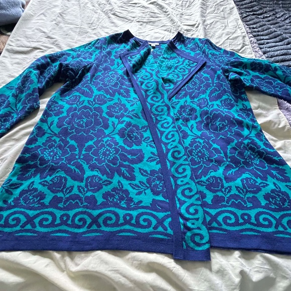 JACKET, BLANKET SWEATER, ROYAL BLUE/TEAL, SZ 3X, GRAPHIC FLORAL, COTTON RAYON - Picture 9 of 15